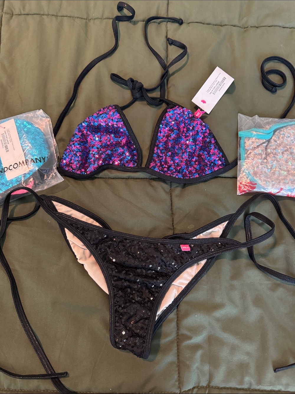 Sequin Triangle Bikini - Black & Iridescent Purple